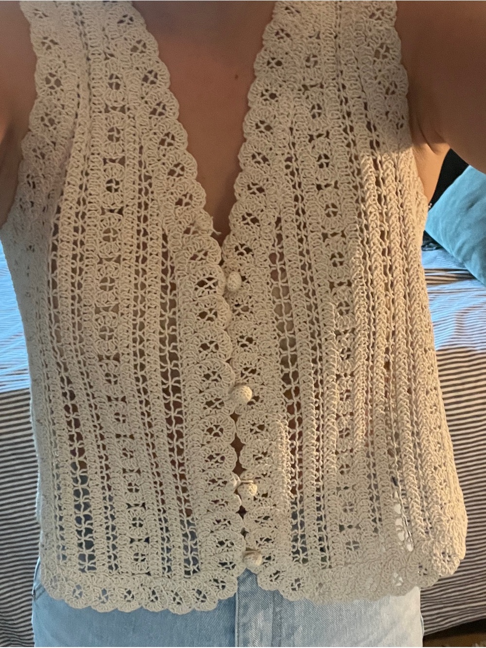 Sezane Crochet Halter Button-Front Tank Top - Cream